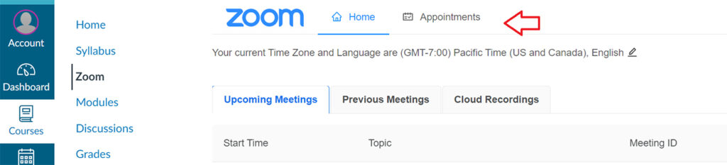 A screenshot of the canvas website under courses in the Zoom section. An arrow is pointing at the "Appointments" option.