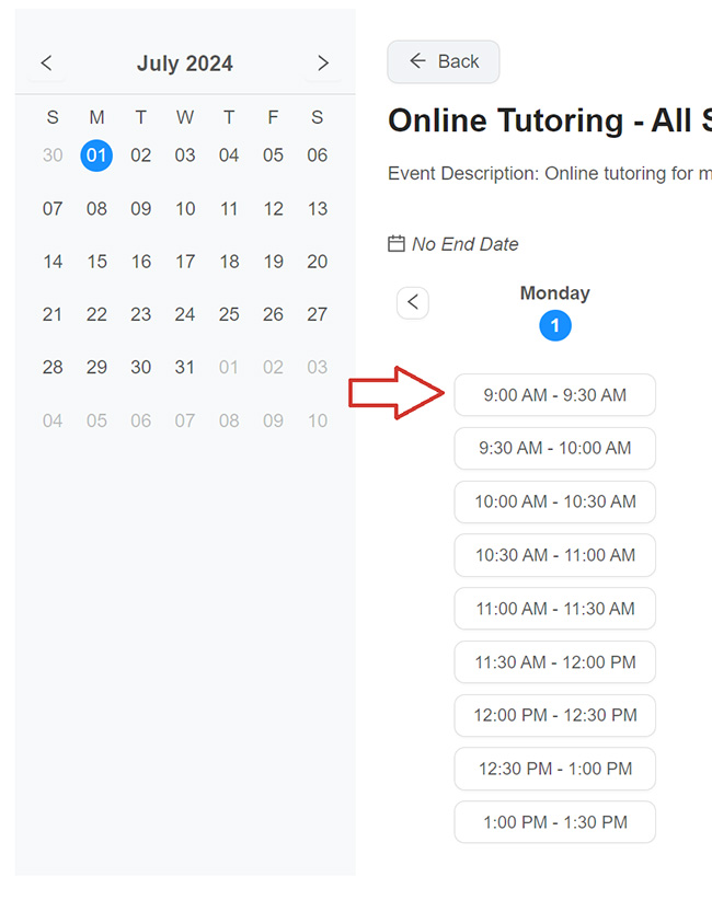 A screenshot of the canvas website under courses in the Zoom appointments section, under the Schedules tab with Online Tutoring selected. An arrow is pointing at the list of times available to make an appointment.