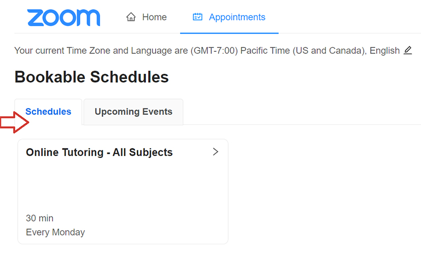 A screenshot of the canvas website under courses in the Zoom section with Appointments selected. An arrow is pointing at the "Schedules" tab.