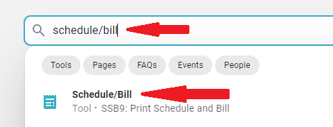 A screenshot of the search bar in mygateway looking for schedule/bill