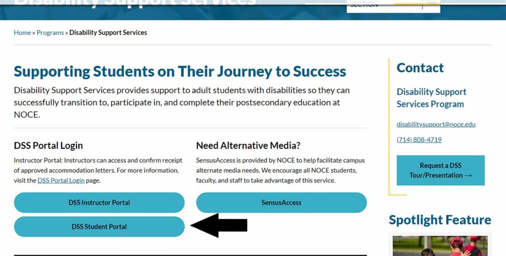 A screenshot of the DSS homepage with an arrow pointing at the DSS Student Portal button.