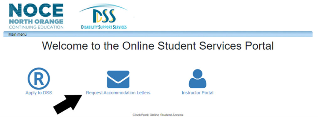 Screenshot of the DSS Student Portal web page with an arrow pointing at the Request Accommodation Letters Icon