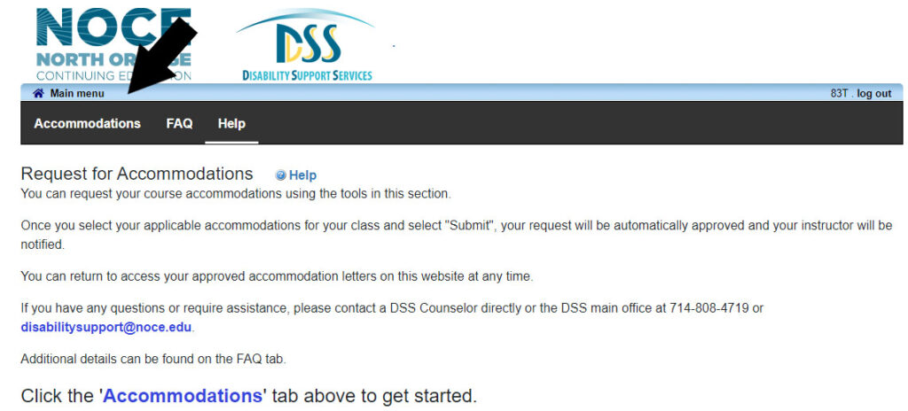 screenshot of the dss student portal with a arrow pointing at the accommodations tab