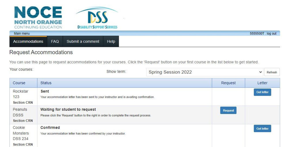 screenshot of the dss student portal in the request accommodations section, with a table of your courses for the term you select