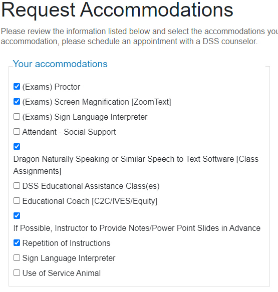 A screenshot of the DSS student portal in the Request accommodations section, showing a list selection of the types of accommodations you could need for the course selected.