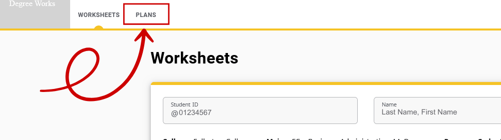 A screenshot of the Degree Works Menu with an red arrow pointing at the Plans tab