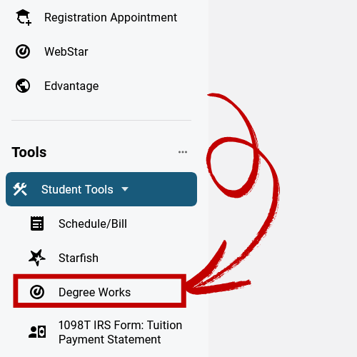 Screenshot of the 'Student Tools' section in Mygateway located on the left-hand side, with a red arrow pointing at Degree Works