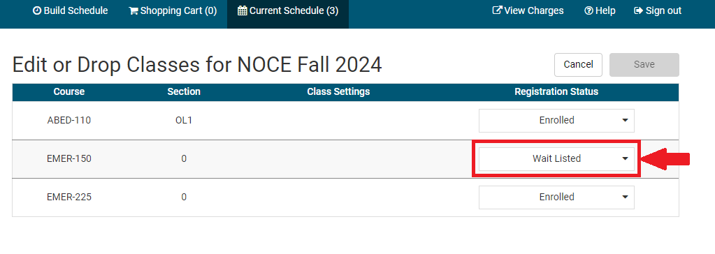 A screenshot of your current schedule with an arrow pointing to your desired waitlisted course. 