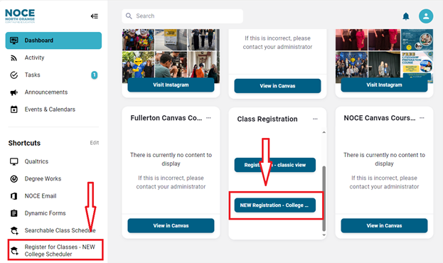 A screenshot of the Mygateway homepage with red arrow pointing to click on Registration – NEW College Scheduler under Shortcuts or New Registration – College Scheduler under the Class Registration widget box.