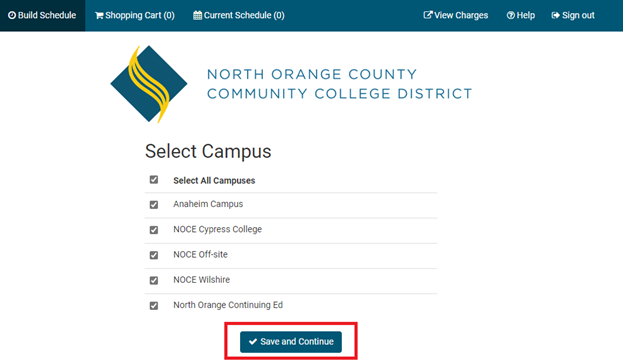 A screenshot of the build schedule page indicating you may filter courses by the specific site or leave the “Select All Campuses” box checked. The save and continue button is circled by a red box. 