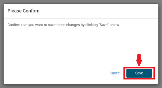 A screenshot of the "Confirm" page with a red arrow pointing to click the "Save" button. 