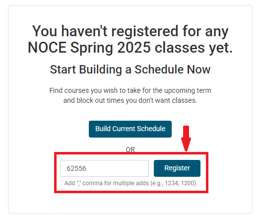 A screenshot of the registration page with a red box circling the CRN add area and a red arrow pointing to the registration button. 