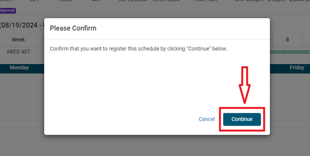 A screenshot of the "Confirmation Page" and a red arrow pointing to the "continue" button.