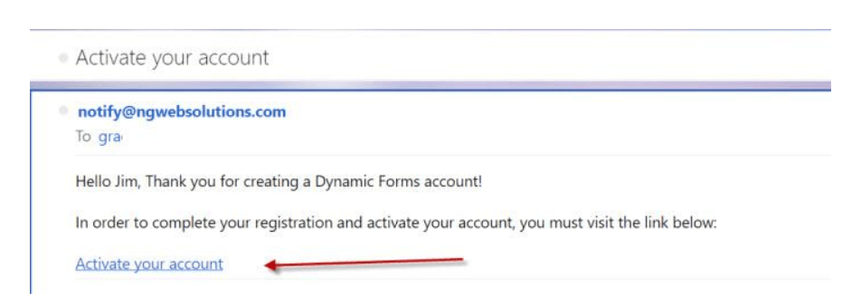 A screenshot of the activate your account email sent by dynamic forms