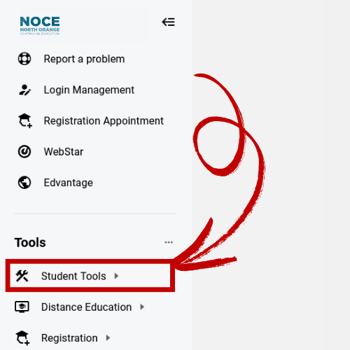 Screenshot of the 'Tools' section in Mygateway located on the left-hand side, with a red arrow pointing at 'Student Tools'