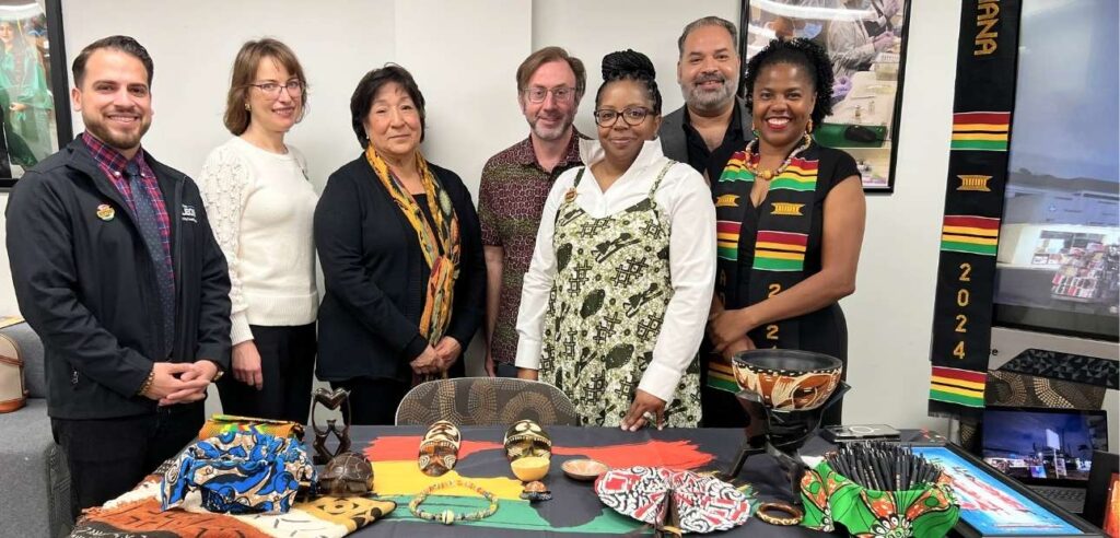 A group photo of the NOCE Ghana Faculty Fellows: Tina McClurkin, Dr. Kimberley H. Stiemke, Afraim Sedrak, and Matt Van Gelder, along with Anaheim City Council Members Norma Kurtz and Carlos Leon, and NOCE President Valentina Purtell.