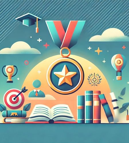 vibrant digital illustration representing student achievement and learning outcomes. A large medal with a star is at the center, symbolizing success. Surrounding it are education-related elements, including books, an open notebook, a graduation cap, a target with an arrow, and trophies. The background features a rising sun, clouds, and abstract academic symbols, evoking a sense of progress and accomplishment.