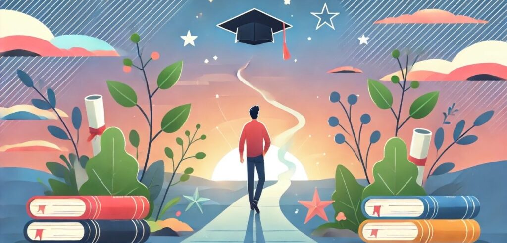 A flat vector-style digital illustration of a single student walking confidently along a winding path symbolizing growth and achievement. The student is surrounded by subtle icons representing learning and success, such as books, stars, and a graduation cap in the distance. The background features a soft, warm sunrise with a gradient sky, evoking inspiration and a sense of hope for the future. The style is minimalist, colorful, and uplifting, with no text.