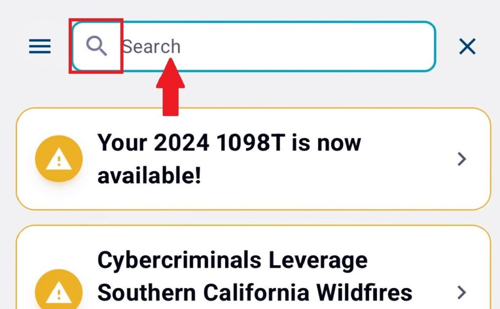 Red box outlining the "Magnifying Glass" icon with red arrow pointing to search bar.