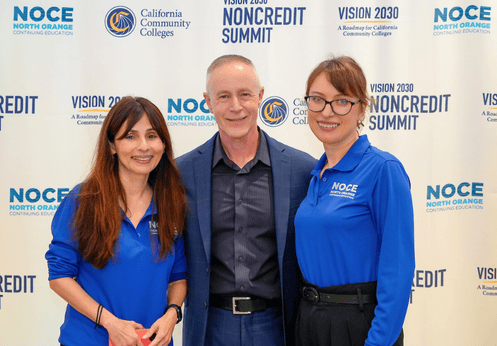 A photo of Secretary of the California Labor and Workforce Development Agency Stewart Knox, California Community Colleges Chancellor Dr. Sonya Christina, and North Orange Continuing Education President Valentina Purtell