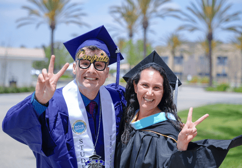 A fun, peace sign, posed photo of 2024/25 NOCE Student Trustee, Robert Johnson, with his counselor Yvette.