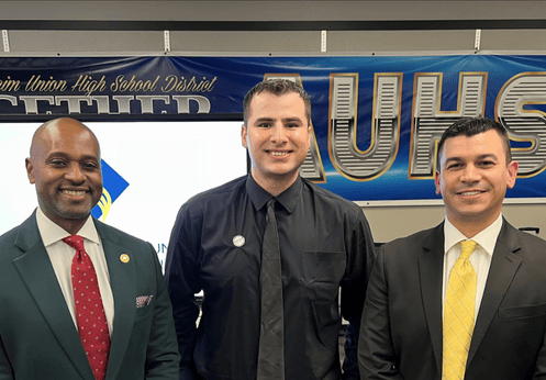 A photo of NOCCCD Chancellor Dr. Byron Clift Breland, with NOCE Student Trustee, Robert Johnshon, and NOCCCD Board of Trustee, Mark Lopez
