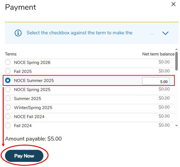 NOCE Term selection with account balance and pay now button