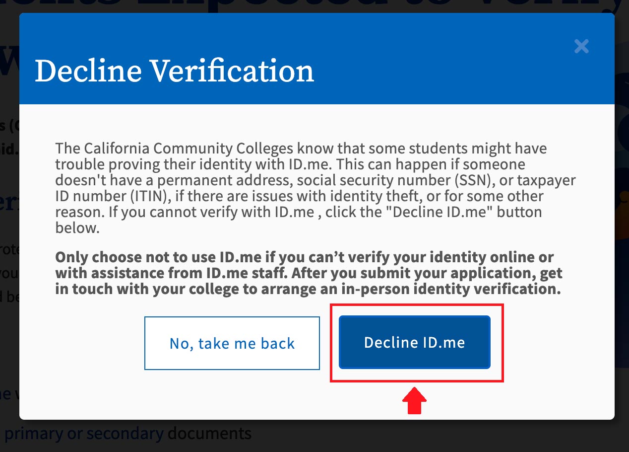 Screenshot of decline verification pop up. Red arrow pointing to "Decline ID.me" button.