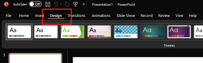 A screenshot of Powerpoint's ribbon menu at the top, with the Design tab selected.