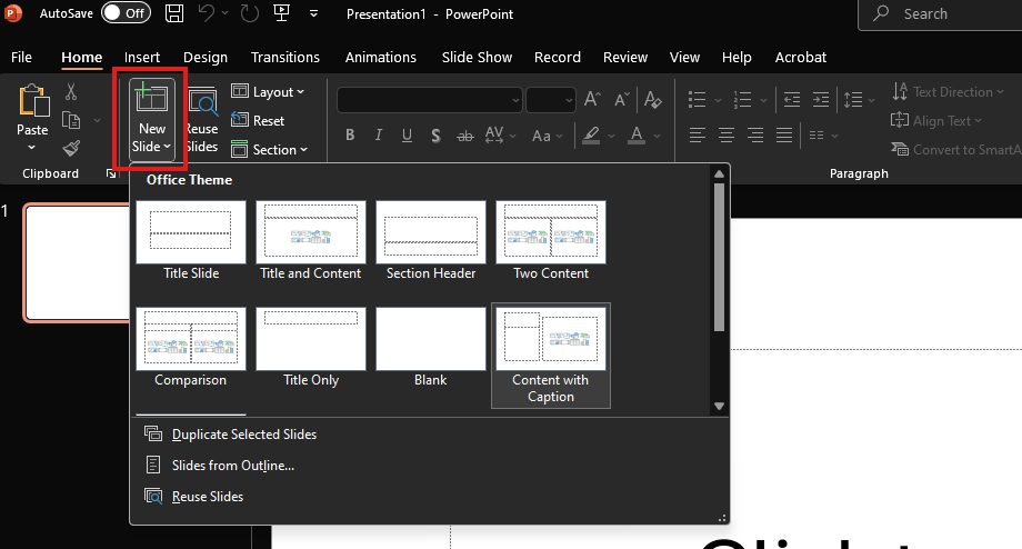 A screenshot of Powerpoint's ribbon menu at the top, with the Home tab selected and a red square highlighting the New Slide Icon. A pop up window of all the slide layouts are displayed.