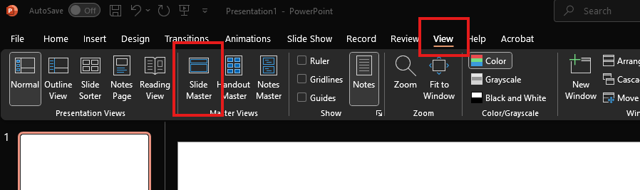 A screenshot of Powerpoint's ribbon menu at the top, with the View tab selected. A red box highlighting the Slide Master Icon.
