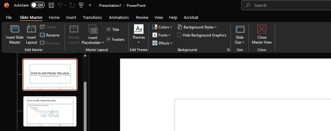 A screenshot of Powerpoint's ribbon menu at the top, with the Slide Master menu open. It shows all the menu options from Edit Master to Edit Theme.