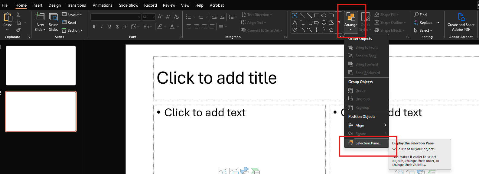 A screenshot of PowerPoint's ribbon menu at the top, with the Home tab selected—a red square highlighting the Arrange Icon with a drop-down menu open with Selection Pane... highlighted.