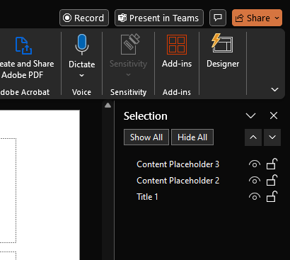 A screenshot of PowerPoint's Selection menu open in the right-hand sidebar.