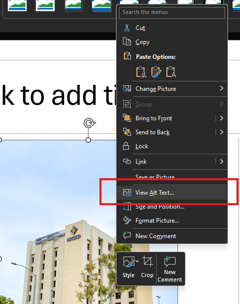 A screenshot on PowerPoint, with the right-click menu open and a red square highlighting the View Alt Text... option.