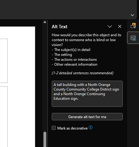 A screenshot on PowerPoint, with the Alt Text menu open on the right-hand sidebar, with a text box to input alternative text for an image.