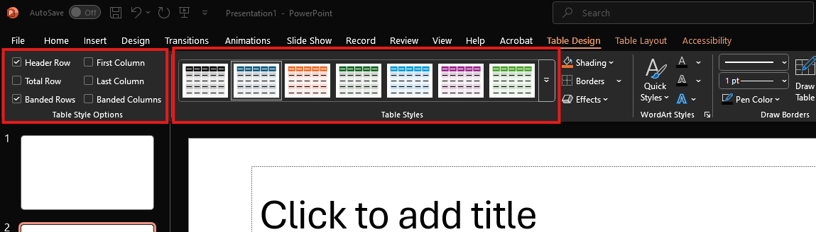 A screenshot of PowerPoint Table Design tab open with two red squares highlighting Table Style Options and Table Styles.