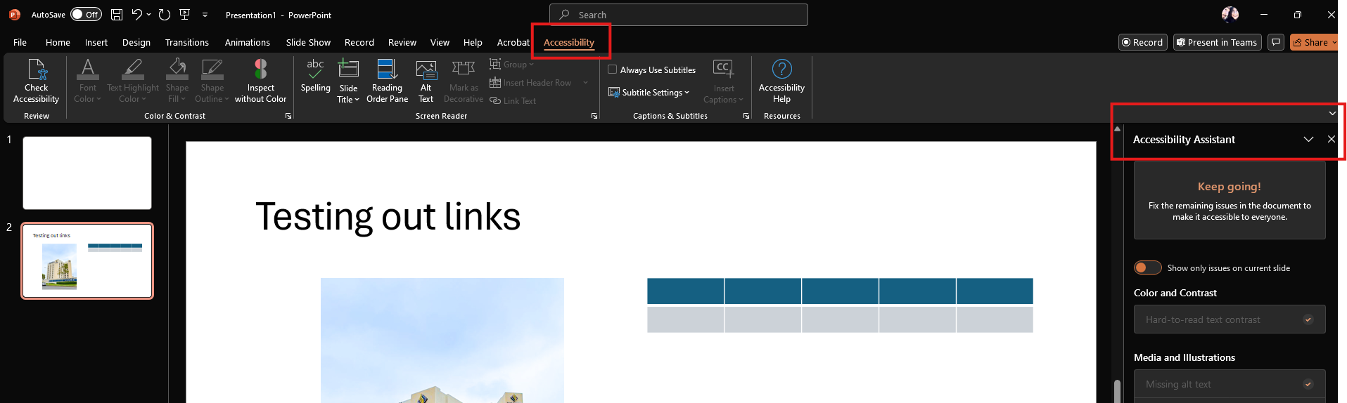 A screenshot of PowerPoint Accessibility Checker menu open with the Accessibility Assistant open on the right-hand sidebar.