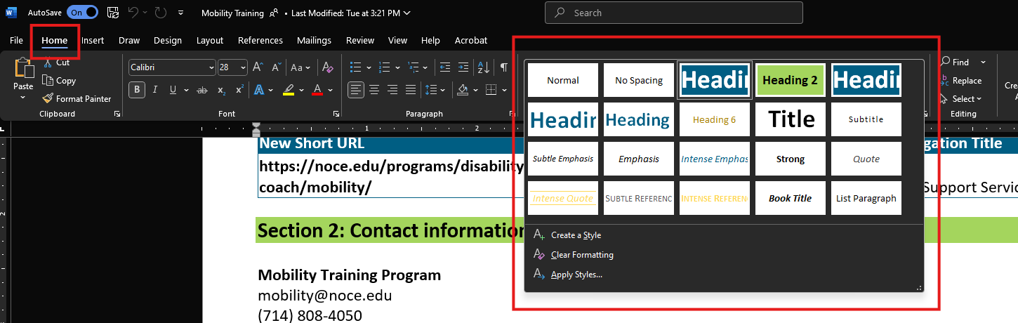 A screenshot of the Word top ribbon with the Home tab selected and the Styles window is open.