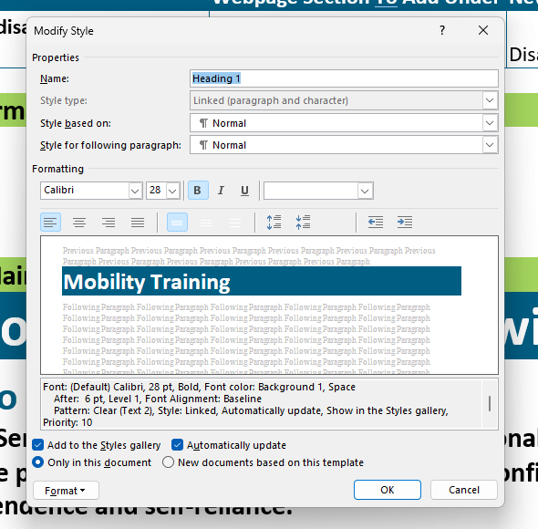 A screenshot of Word's Modify Style window open. It displays all the basic font formatting you can do.