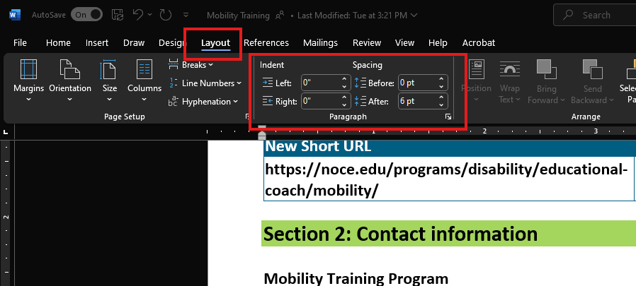 A screenshot of the Word menu with the Layout tab selected. A red square highlighting the Paragraph section.