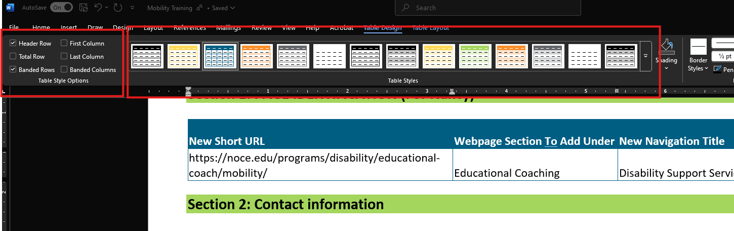 A screenshot of Word Table Design tab open with two red squares highlighting Table Style Options and Table Styles.