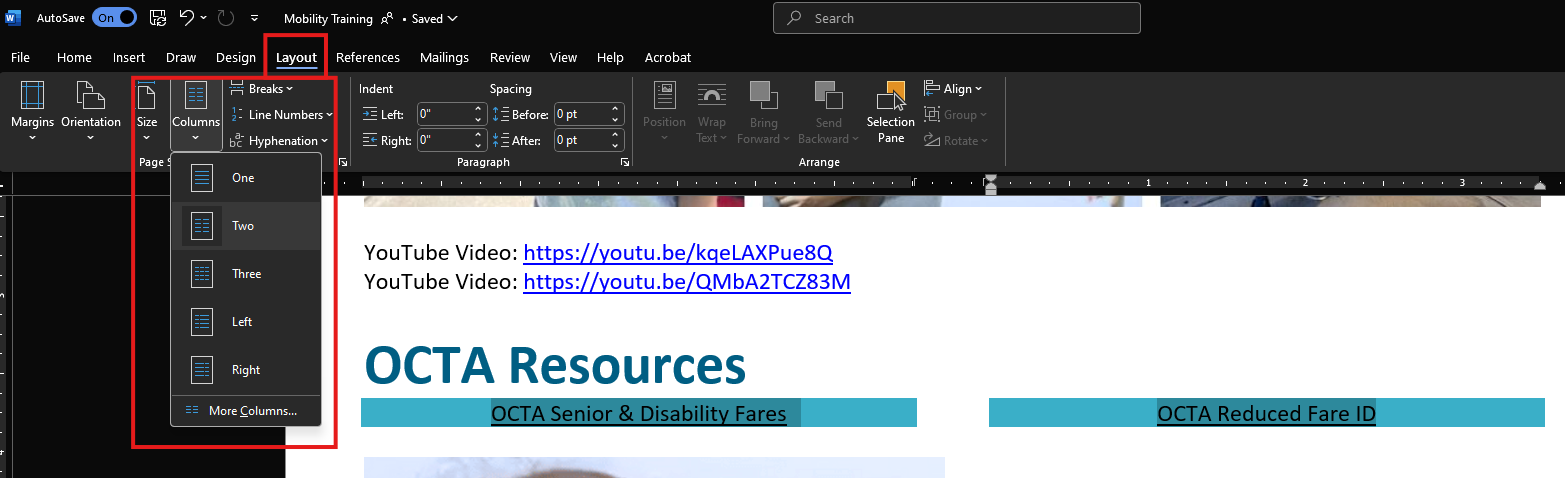 A screenshot of the Word menu with the Layout tab selected. A red square highlighting the Columns icon and the open Columns menu.