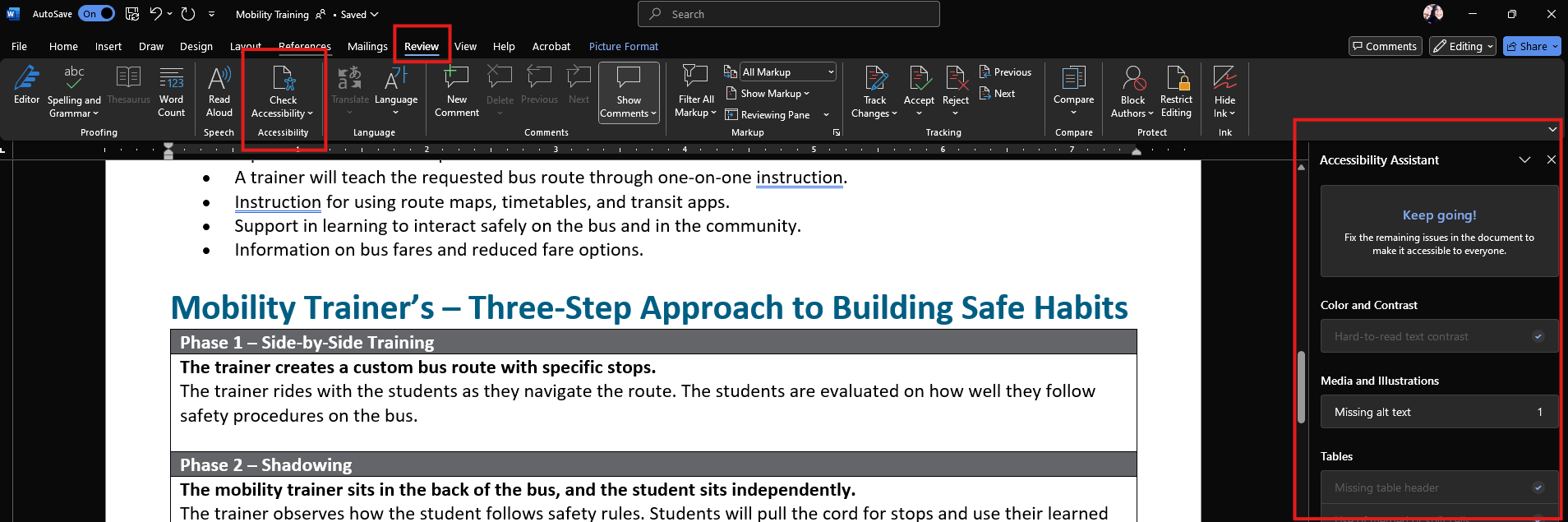 A screenshot of Word menu with the Review tab open. A red square highlighting the Accessibility Checker menu icon with the Accessibility Assistant open on the right-hand sidebar.