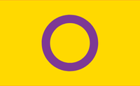 Intersex Flag: yellow flag with a outline purple circle in the middle