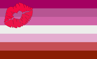 Lipstick Lesbian Flag: A red lipstick mark in the top left hand corner with various stripes of pinks.