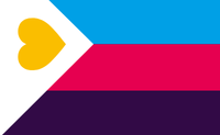 New Polyamory Flag: with a White triangle on the left-hand side with a yellow heart. A blue, hot pink and dark purple striped background.