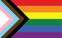 Progress Pride Flag: Rainbow striped flag with a white, baby pink, light blue, brown and black striped horizontal triangle on the left hand side.