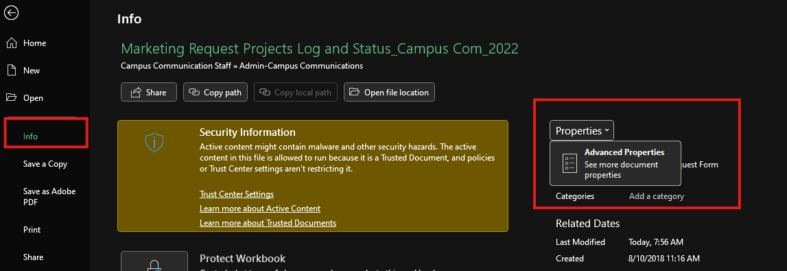 A screenshot of Excels File menu open, with Info selected, Properties and Advanced Properties open.