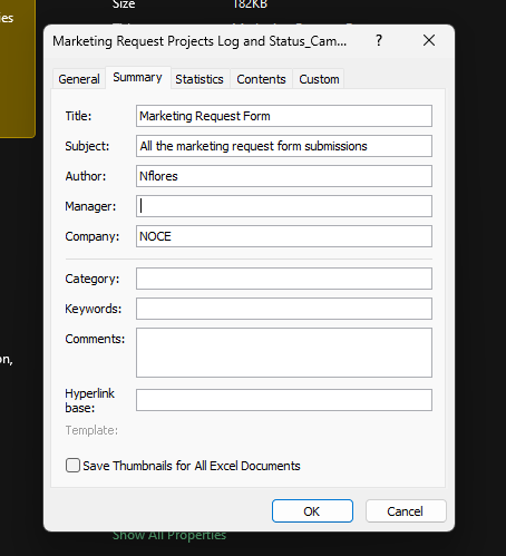A screenshot of the Excel's Advance properties pop-up window open with Title, Subject, Author, and Company filled out.
